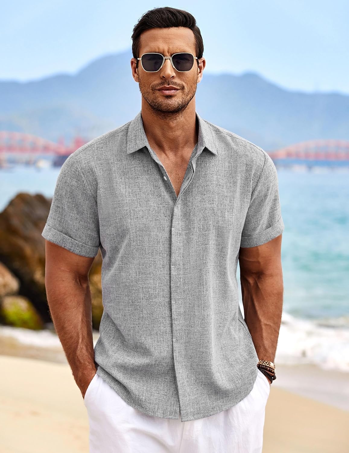 HOTCOOFANDY Men's Linen Shirts Short Sleeve Casual Shirts Button Down Shirt for Men Beach Summer Wedding Shirt