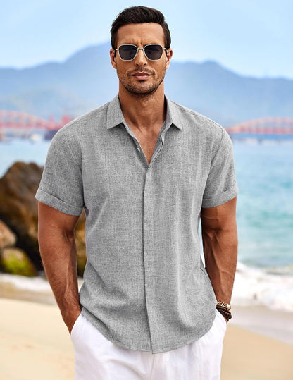 HOTCOOFANDY Men's Linen Shirts Short Sleeve Casual Shirts Button Down Shirt for Men Beach Summer Wedding Shirt