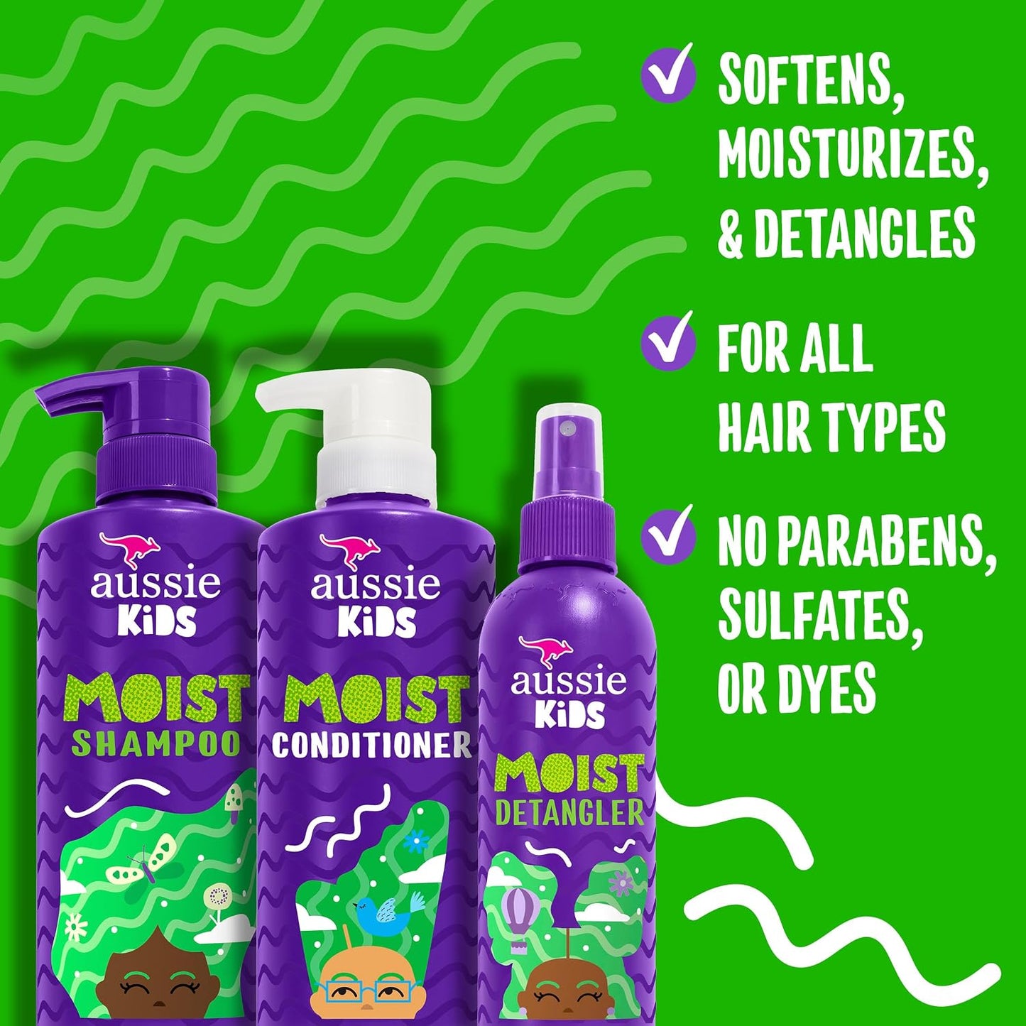 HOTAussie Kids Hair Care Bundle Set Including: Shampoo (16 Fl Oz), Conditioner (16 Fl Oz) & Detangler Spray (8 Fl Oz), Paraben- Freem Sulfate-Free, Dye-Free, Cruelty-Free, Tangle-Free Styling