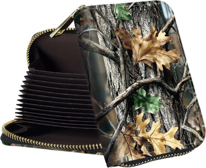 HOTWomens Card Wallet with Zipper, RFID Blocking Small Credit Card Holder Case, PU Leather Accordion Card Wallet for Women, Compact Travel ID & Cash Organizer, Camouflage With Oak