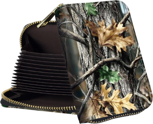 HOTWomens Card Wallet with Zipper, RFID Blocking Small Credit Card Holder Case, PU Leather Accordion Card Wallet for Women, Compact Travel ID & Cash Organizer, Camouflage With Oak