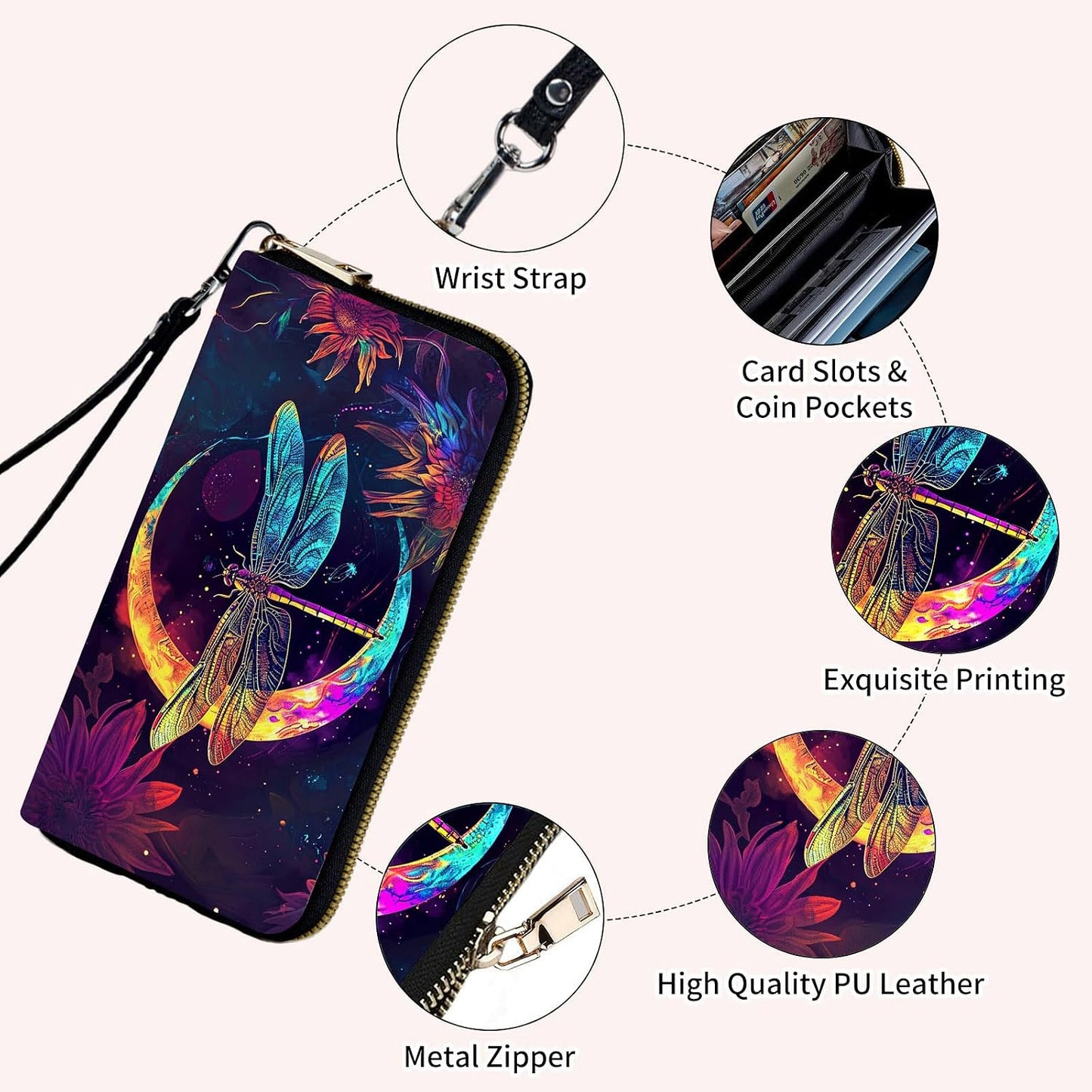 HOTLadies Wallet,Clutch Purses for Women Wallets Leather Credit Card Holder for Women Wristlet Slim Small Cute with Zipper,Thin RFID Blocking with Wrist Strap,Glitter Dragonfly Moon