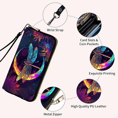 HOTLadies Wallet,Clutch Purses for Women Wallets Leather Credit Card Holder for Women Wristlet Slim Small Cute with Zipper,Thin RFID Blocking with Wrist Strap,Glitter Dragonfly Moon