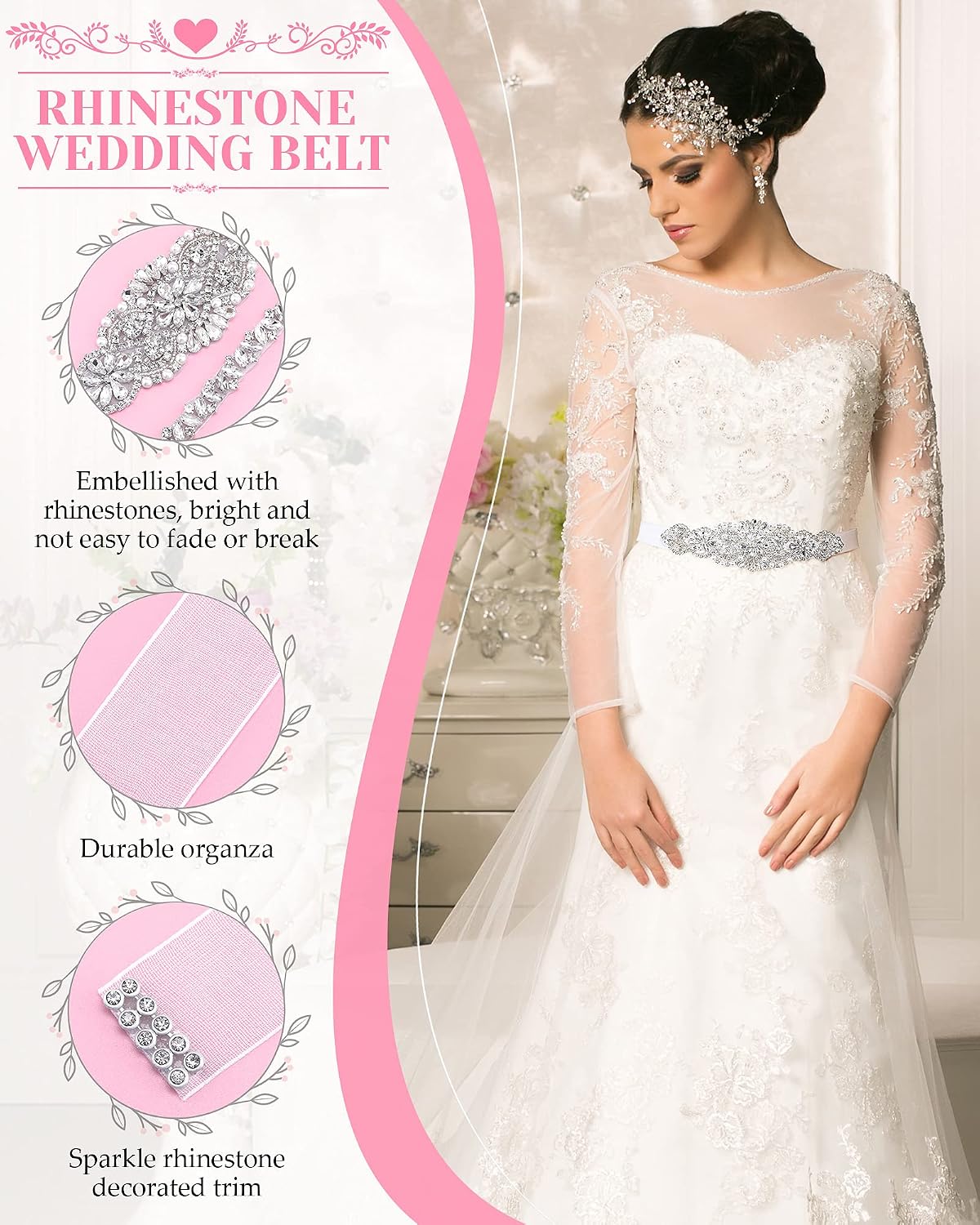 HOTSATINIOR 2 Pieces Rhinestone Bridal Wedding Dress Sash Belt Crystal Diamond Ribbon Wedding Belts for Bridesmaid Dress (White)