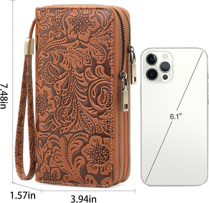 HOTGOIACII Women's Wallet Wristlet Ladies Phone Purse RFID Blocking Large Card Holder Double Zip Grip Strap Vegan Leather