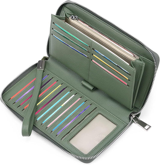 HOTGOIACII Womens Wallet RFID Blocking Leather Zip Around Wallet Large Capacity Long Purse Credit Card Clutch Wristlet