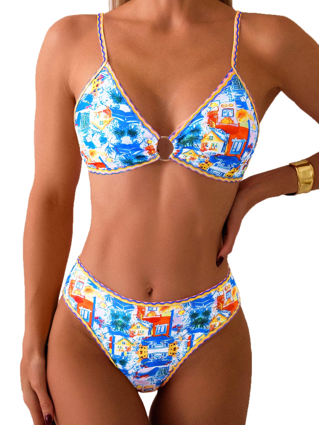 HOTTainehs Women's Two Piece Bikini Sets O Ring Front Top Ditsy Floral Triangle Swimsuits Cheeky Bathing Suit