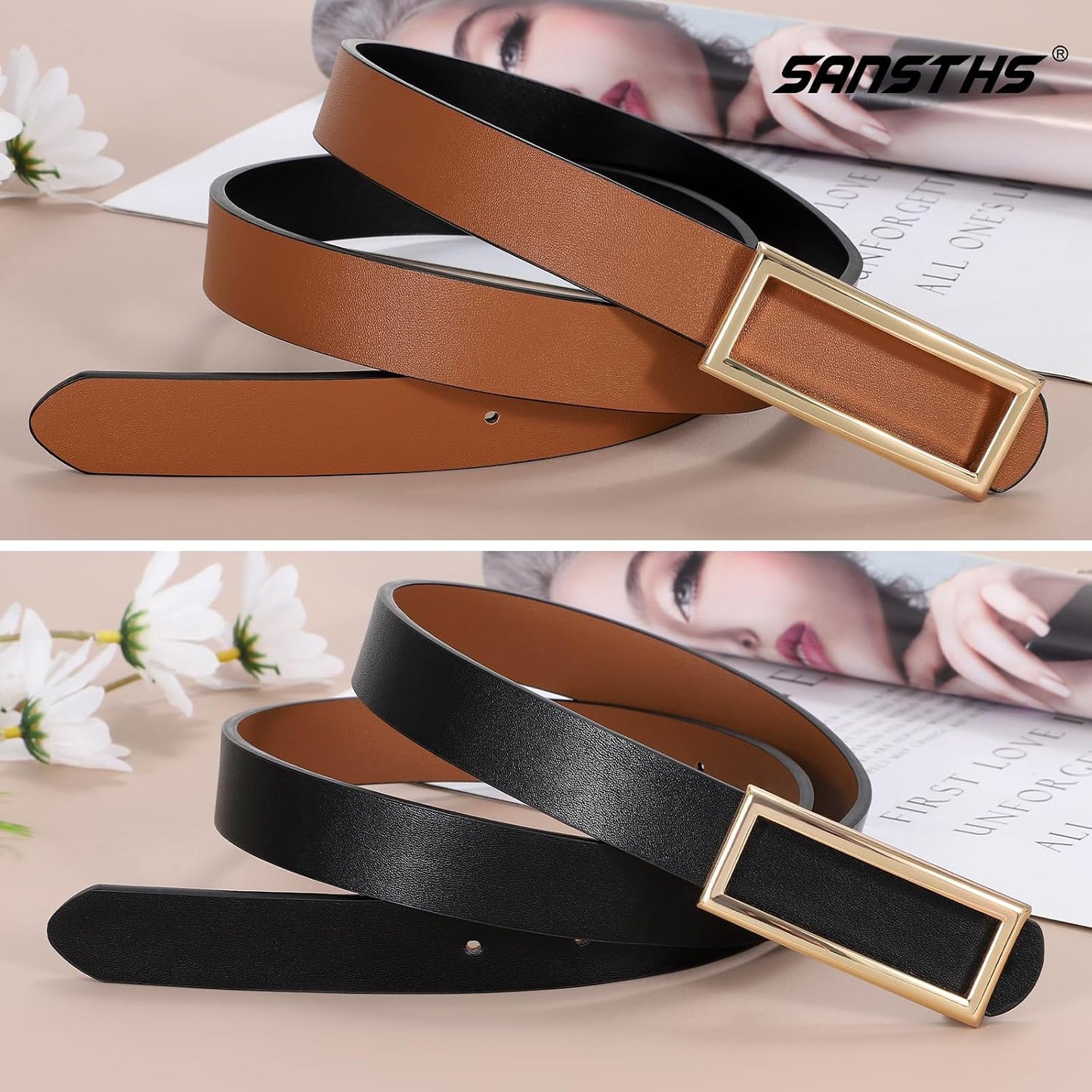 HOTSANSTHS Skinny Reversible Belts for Women, Two-in-one Women Thin Belt for Dresses Jeans Pants with Gold Buckle