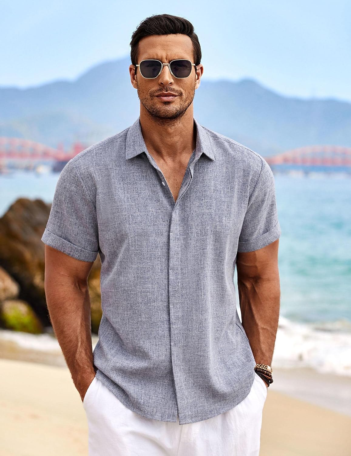 HOTCOOFANDY Men's Linen Shirts Short Sleeve Casual Shirts Button Down Shirt for Men Beach Summer Wedding Shirt
