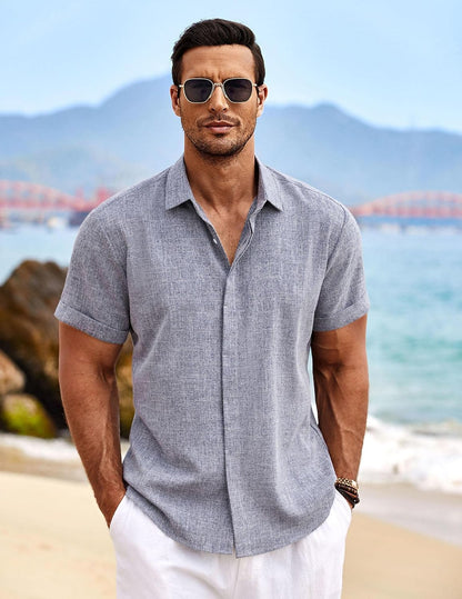 HOTCOOFANDY Men's Linen Shirts Short Sleeve Casual Shirts Button Down Shirt for Men Beach Summer Wedding Shirt