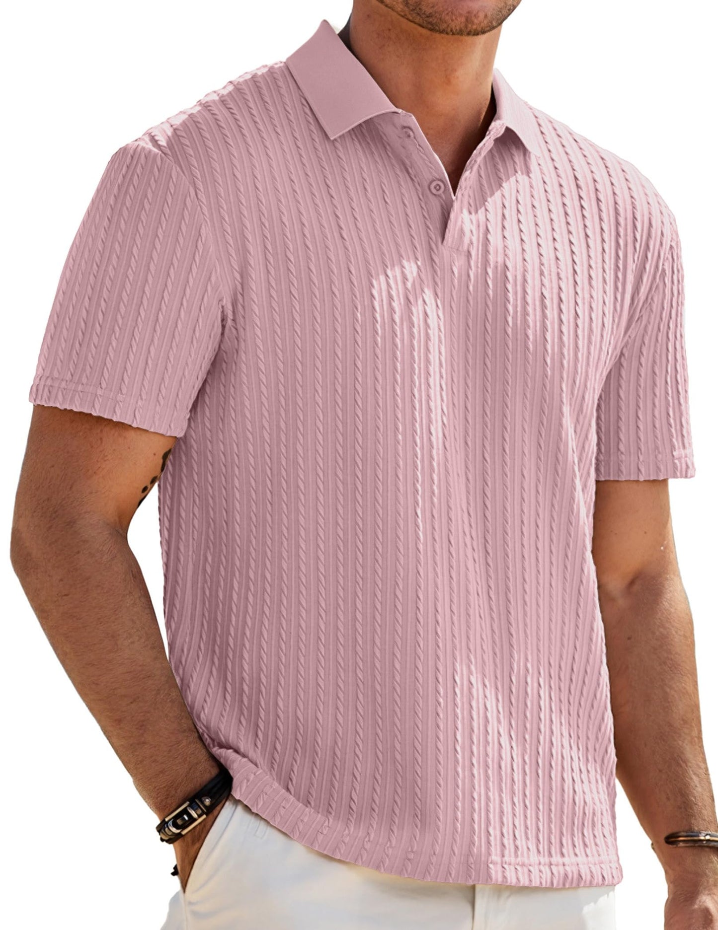 HOTJMIERR Mens Casual Polo Shirt Summer Short Sleeve Vacation Button Beach Knit Stretchy Golf Shirts
