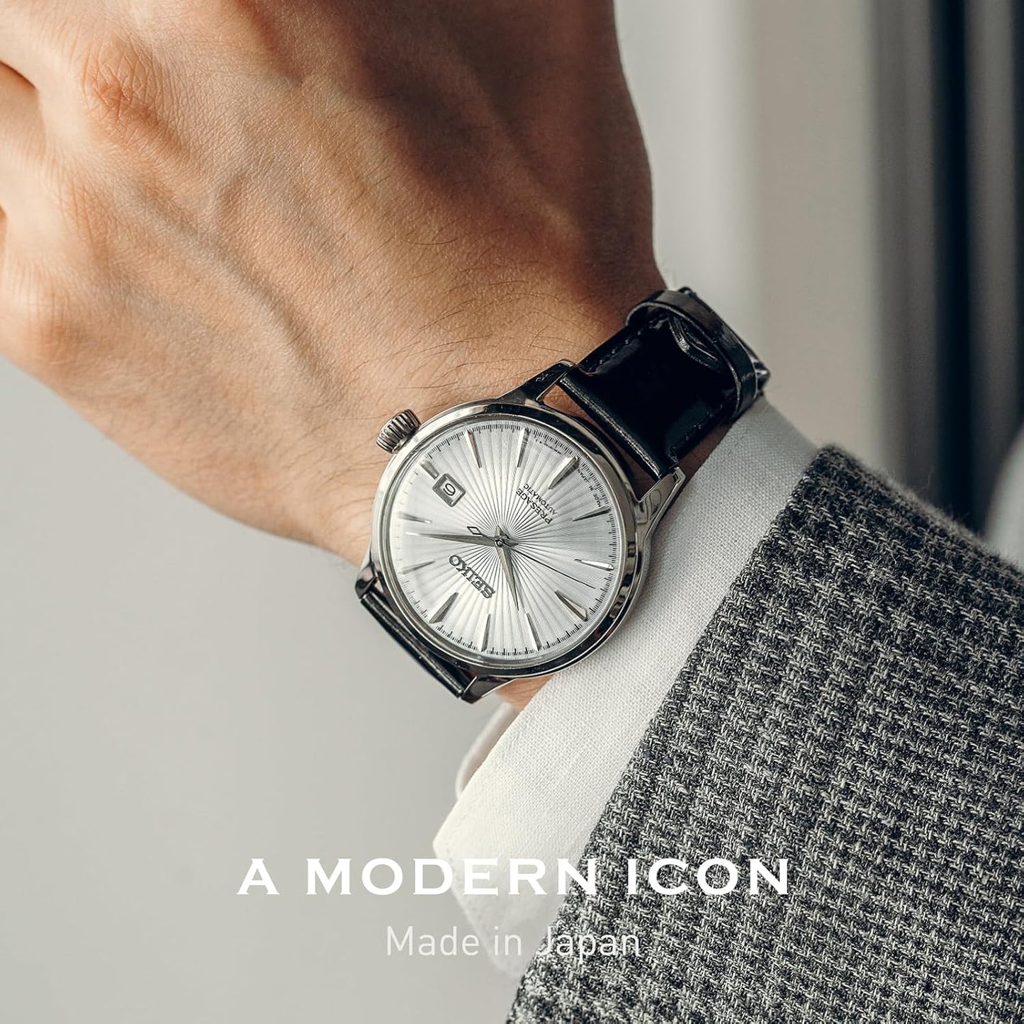 HOTSEIKO Presage Cocktail Time Automatic Watch for Men | Patterned & Gradated Dial, Golden Numerals and Date Calendar, 50m Water-Resistant, 41-Hour Power Reserve