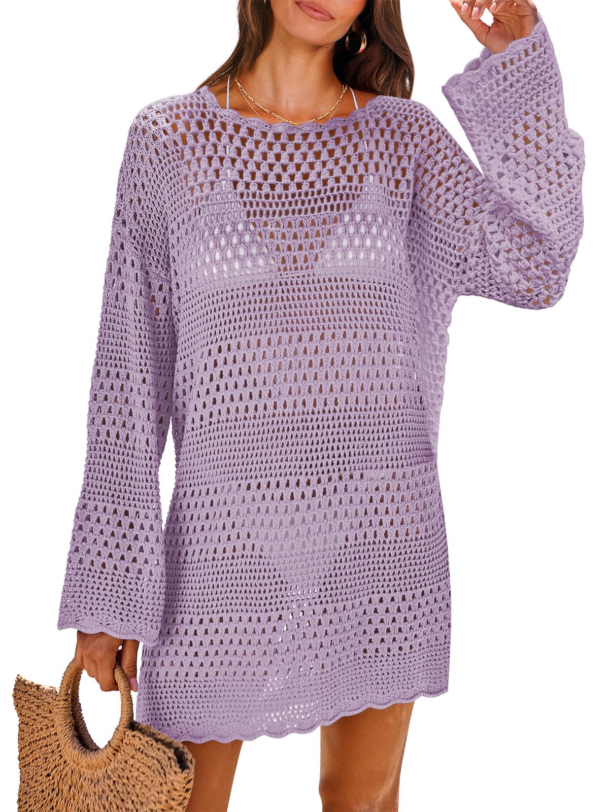 HOTANRABESS Women Swimsuit Crochet Swim Cover Up 2026 Summer Bathing Suit Swimwear Mesh Knit Beach Dress Vacation Outfits