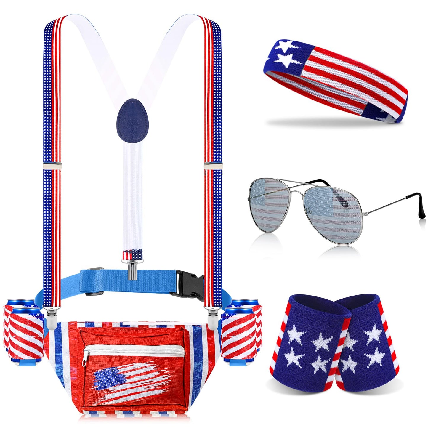 HOTTallew 9 Pcs 4th of July Fanny Pack American Flag Overalls 250 Years Patriotic American Flag Fanny Pack Beer Belt Suspenders Drink Holder Headband Wristband(Classic Style)