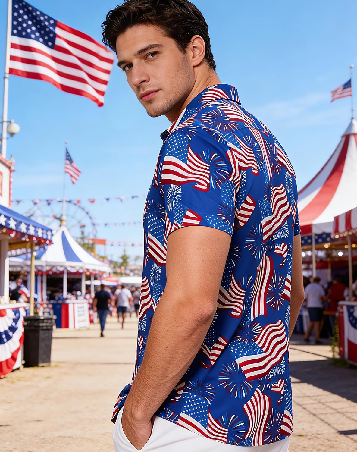 HOTuideazone Mens 4th of July American Flag Patriotic Shirt M-XXL | USA Short Sleeve Button Up Shirt for Independence Day, Memorial Days, Flag Day, 4th of July Parties, Beach Trips and Daily