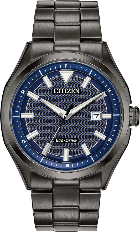 HOTCitizen Men's Eco-Drive Weekender 3-Hand Date Watch in Black IP Stainless Steel, Blue Dial (Model: AW1147-52L)