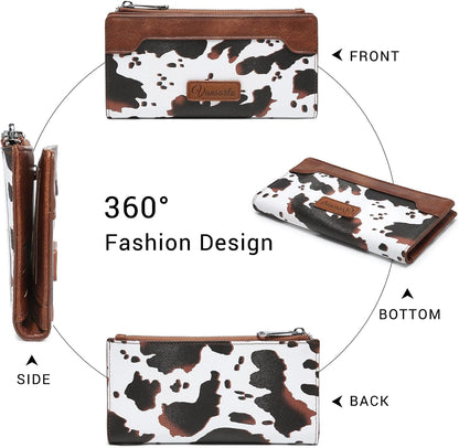 HOTCow Print Wallets for Women Slim Bifold Credit Card Holder - Card Cases Wallet with Smooth Zipper, Coin Pocket & ID Window - Money Organizer Cash Wallet, Signature Brown