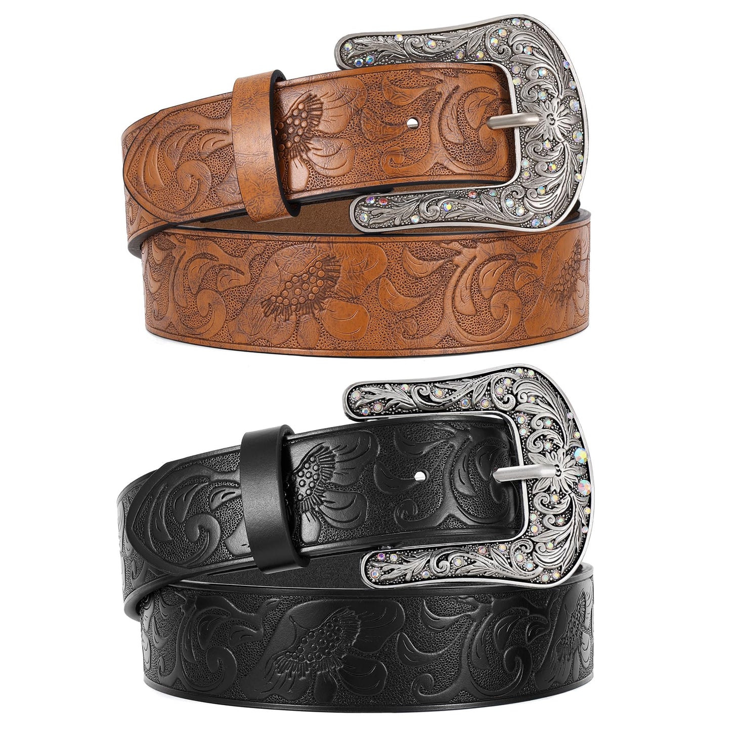 HOTWERFORU 2 Pack Women Western Leather Belts for Jeans Western Belts with Big Buckle Country Belts for Cowgirls