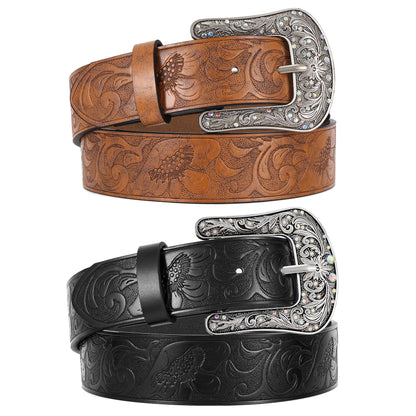 HOTWERFORU 2 Pack Women Western Leather Belts for Jeans Western Belts with Big Buckle Country Belts for Cowgirls