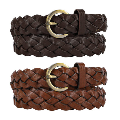 HOTXZQTIVE 2 Pieces Women's Braided Leather Belts Casual 0.9" Skinny Woven Belt for Jean Pant