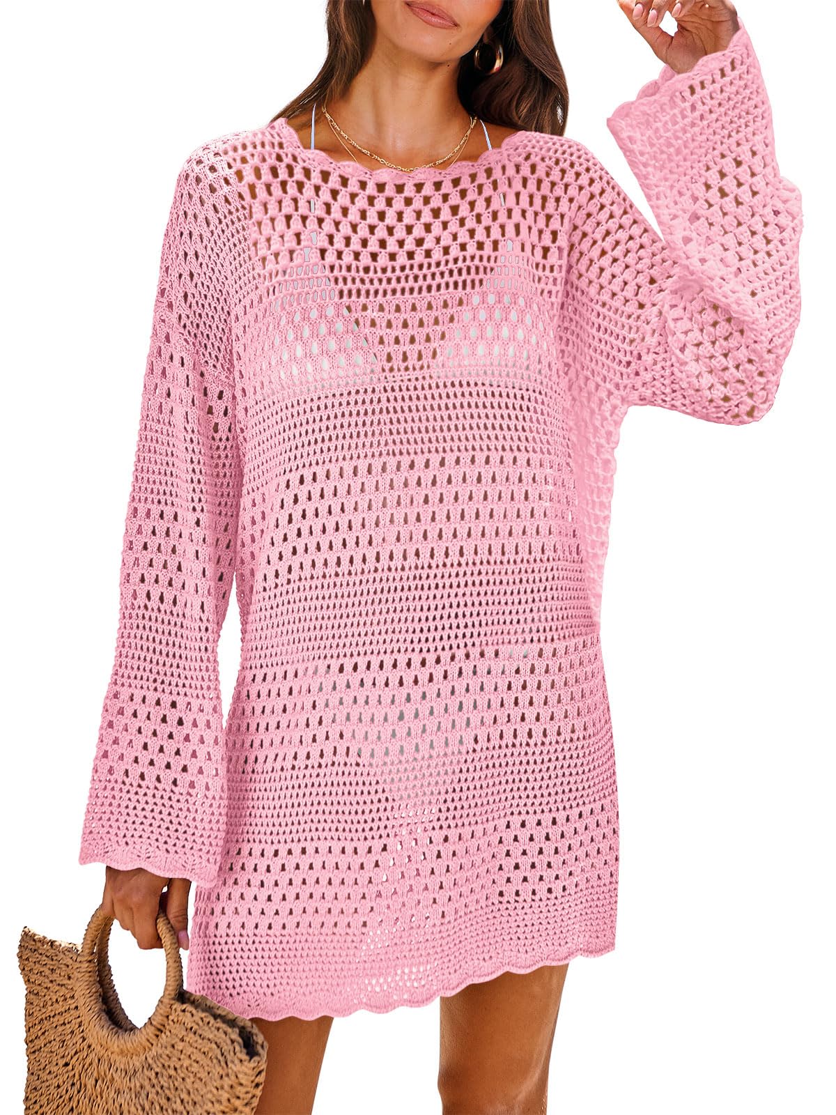 HOTANRABESS Women Swimsuit Crochet Swim Cover Up 2026 Summer Bathing Suit Swimwear Mesh Knit Beach Dress Vacation Outfits