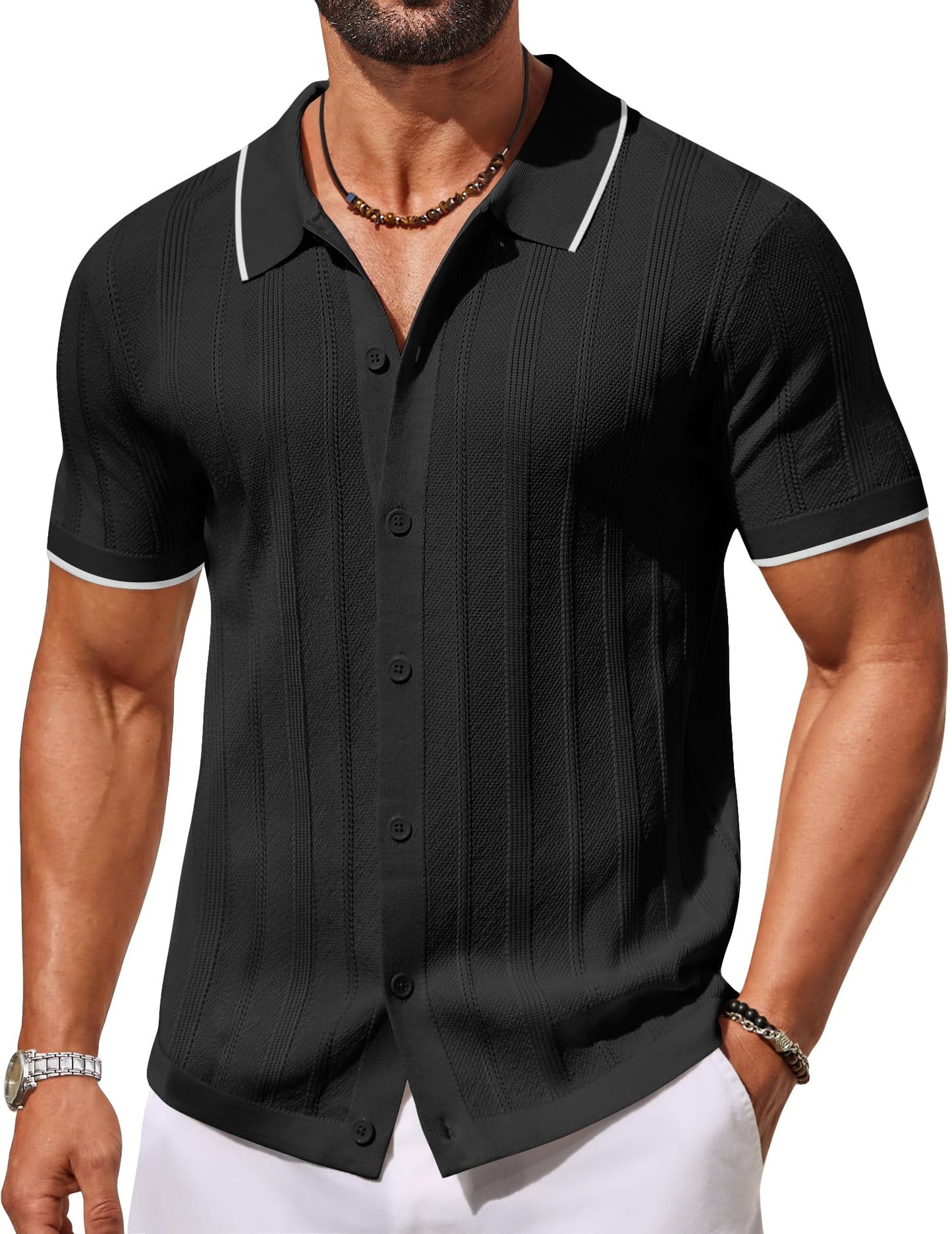 HOTCOOFANDY Men's Knit Button Down Shirts Short Sleeve Polo Shirt Casual Vacation Summer Beach Shirts