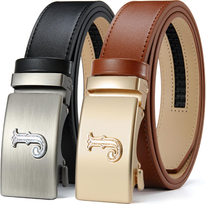 HOTDOOPAI Men's Leather Ratchet Belts 2 Pack Adjustable Click Belt Set for Dress & Casual, Custom Fit 1 3/8" (35mm) -Trim to Fit