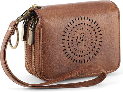 HOTSENDEFN Leather Credit Card Holder Small Wristlet Woman Wallets RFID Blocking Double Zipper with ID Window