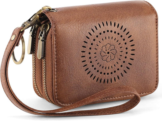HOTSENDEFN Leather Credit Card Holder Small Wristlet Woman Wallets RFID Blocking Double Zipper with ID Window
