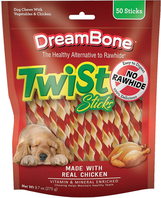 HOTDreamBone Twist Sticks Chews for Dogs, Treat Your Dog to Easy-to-Digest Rawhide-Free Chews Made with Real Vegetables and Chicken, 50 Count