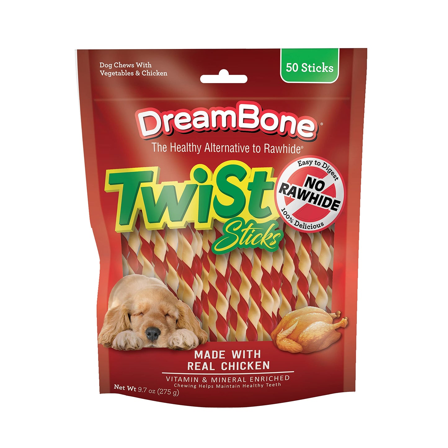 HOTDreamBone Twist Sticks Chews for Dogs, Treat Your Dog to Easy-to-Digest Rawhide-Free Chews Made with Real Vegetables and Chicken, 50 Count