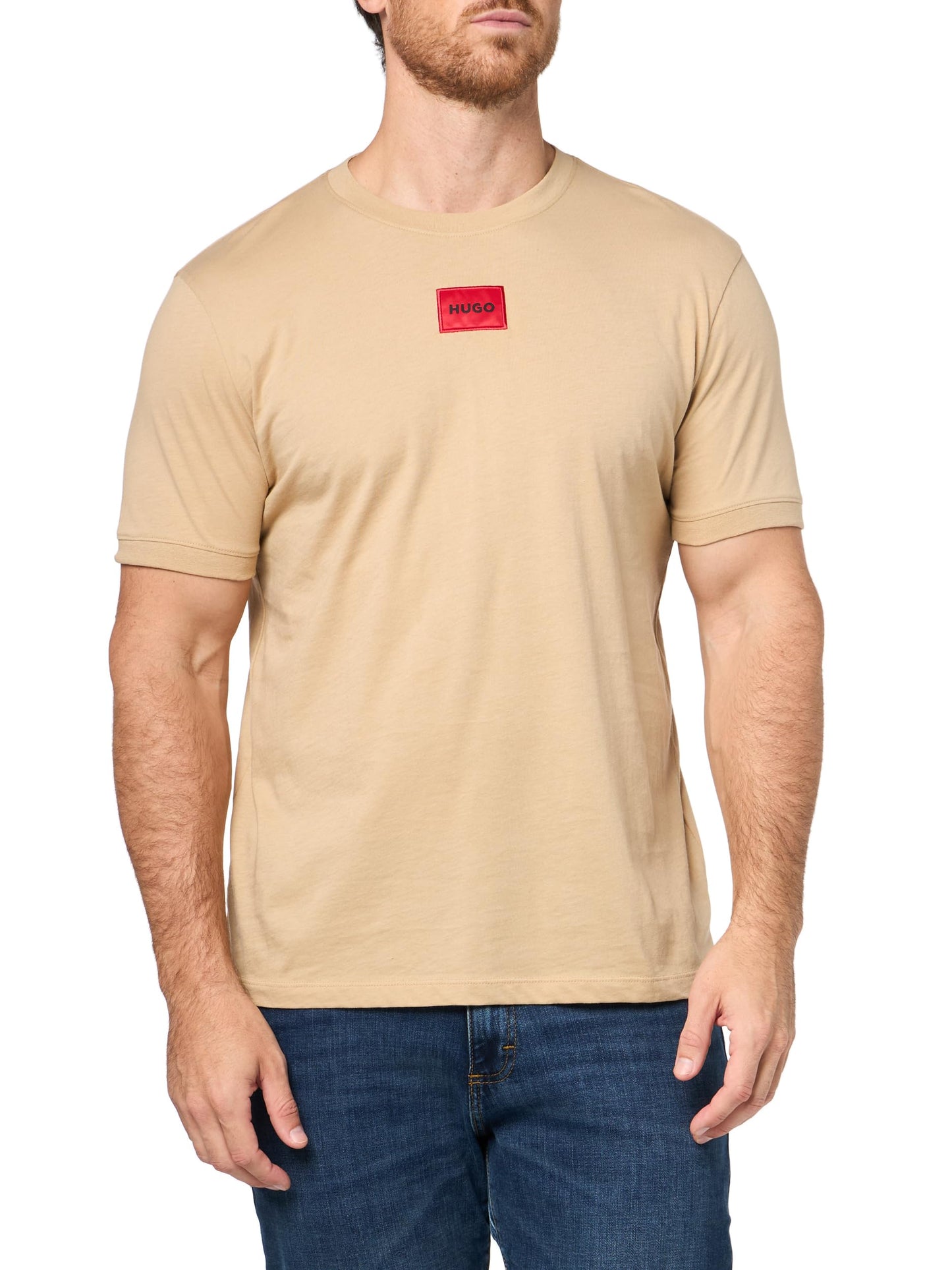 HOTHugo Mens Ribbed Crew Neck Regular Fit Center Logo T-Shirt