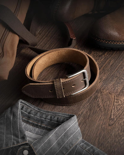 HOTCHAOREN Mens Belts Casual for Jeans - Full-Grain Leather, Durable Cowhide | Solid Buckle, Classic Style, Handmade, Daily Wear, Gift Box