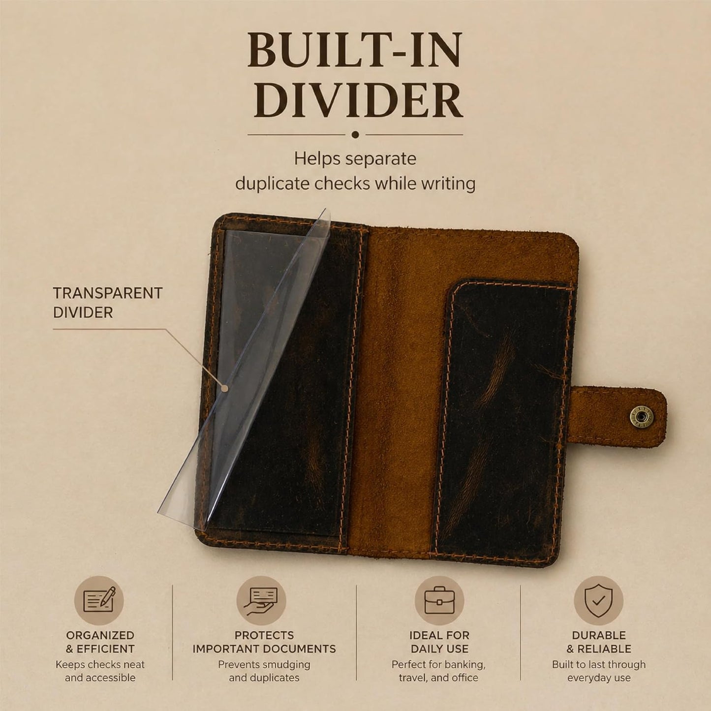HOTGenuine Brown Leather Checkbook Cover with Divider - Slim Bifold Check Book Wallet for Men & Women, Secure Snap Closure, Fits Standard US Checkbooks 3.5 x 7 Inch