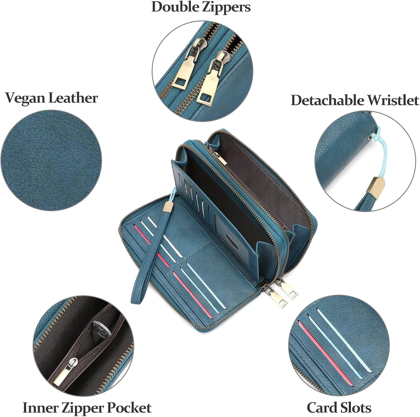 HOTGOIACII Wallets for Women RFID Blocking Double Zip Around Leather Wallet Wristlet Large Capacity Credit Card Holder Blue