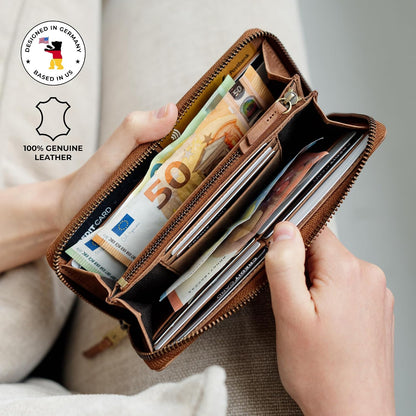 HOTBERLINER BAGS Genuine Leather Zip Wallet Women Palma, Gift Box – Brown | Soft Leather Zip Around Wallet, 14 Card Slots, 1 ID Window, 2 Bill Compartments, Zippered Coin Pocket, RFID Blocking