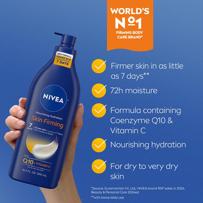 HOTNIVEA Nourishing Hydration Skin Firming Body Lotion with Q10 and Vitamin C, 72-Hour Body Moisturizer for Dry to Very Dry Skin, 16.9 Fl Oz Pump Bottle