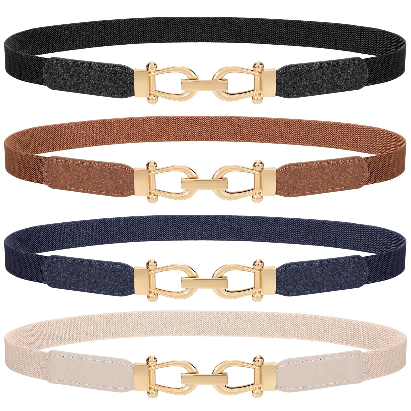 HOTTRIWORKS 4 Pack Women Skinny Elastic Belts Gold Buckle Thin Stretchy Waist Belts for Dresses