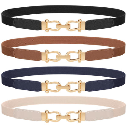HOTTRIWORKS 4 Pack Women Skinny Elastic Belts Gold Buckle Thin Stretchy Waist Belts for Dresses