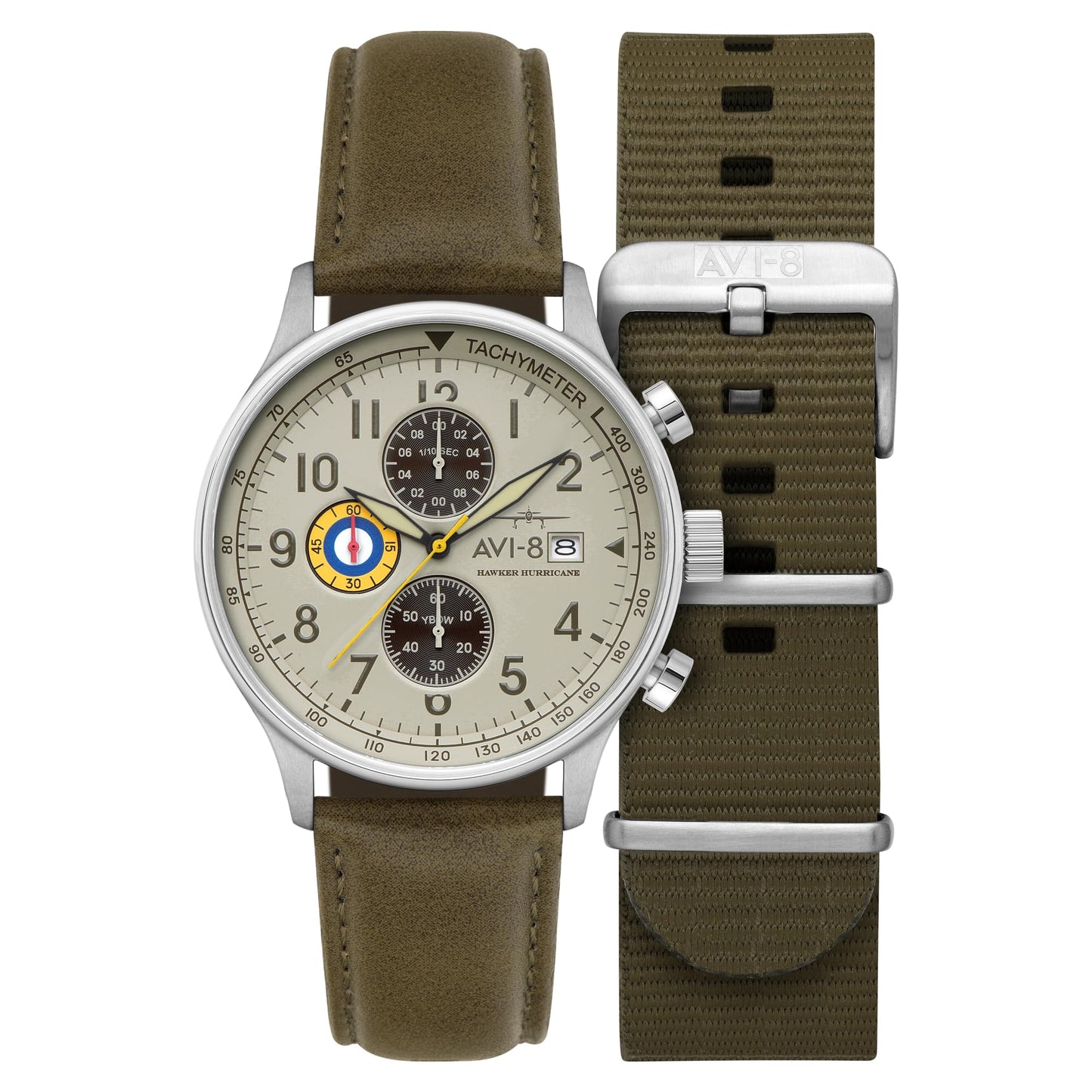 HOTAVI-8 Hawker Hurricane Men's Pilot Watch – Classic Chronograph, Japanese Quartz Movement, Stainless Steel Case, Leather Strap, AV-4011
