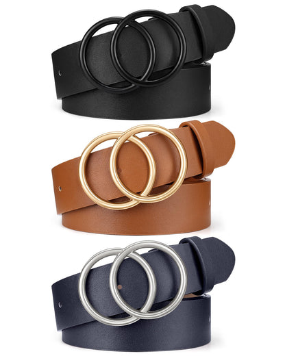 HOTXZQTIVE 3 Packs Women's Leather Belts For Jeans Dresses Pants Fashion Ladies Waist Belt with Double O-Ring Gold Buckle