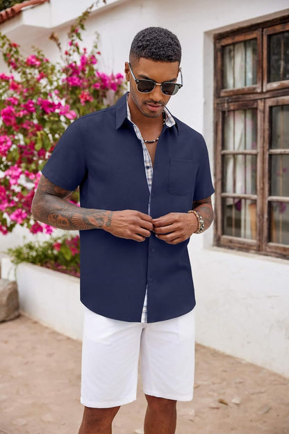 HOTCOOFANDY Men's Button Down Shirts Short Sleeve Casual Summer Beach Vacation Wedding Shirt with Pocket
