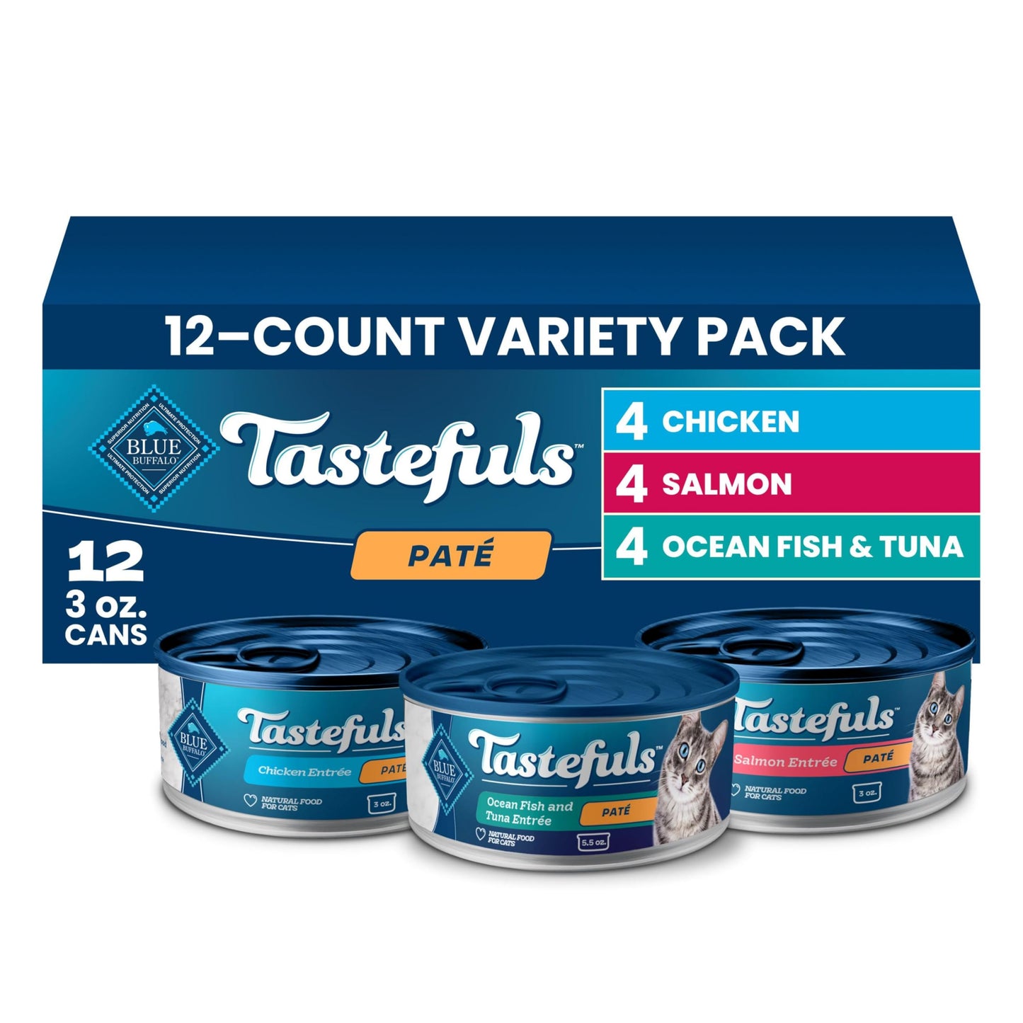 HOTBlue Buffalo Tastefuls Flaked Adult Wet Cat Food Variety Pack (Tuna, Chicken, Fish & Shrimp), Natural Ingredients Enhanced with Vitamins, Minerals & Other Nutrients, 3-oz. Each (12 Cans)