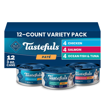HOTBlue Buffalo Tastefuls Flaked Adult Wet Cat Food Variety Pack (Tuna, Chicken, Fish & Shrimp), Natural Ingredients Enhanced with Vitamins, Minerals & Other Nutrients, 3-oz. Each (12 Cans)
