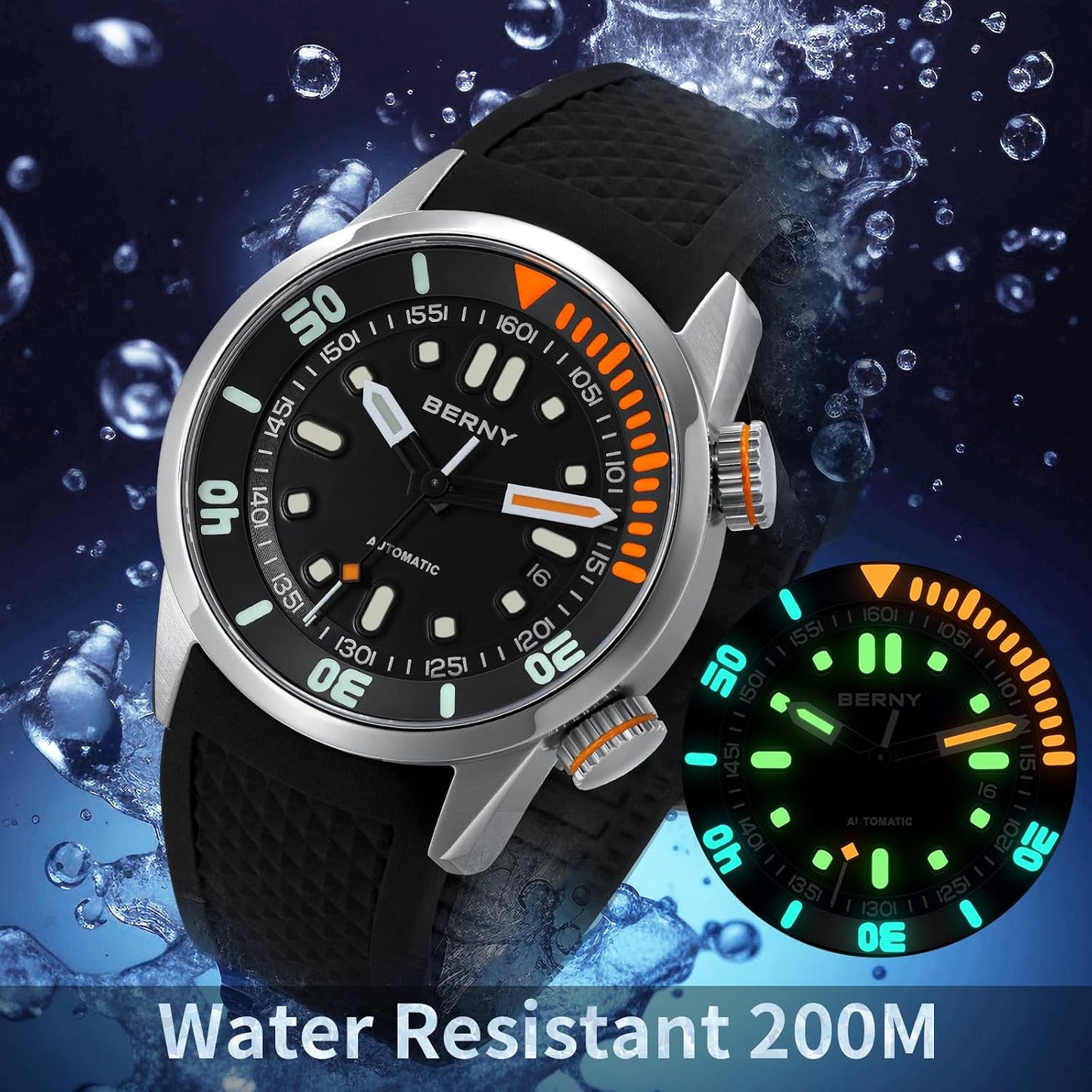 HOTBERNY Men's Dive Watch, Fashion Mechanical Automatic Watches for Men, 20AMT Waterproof Male Wrist Watch, Super Luminous Sapphire Glass Comfortable Silicone Watch Band Luxury Birthday Presents