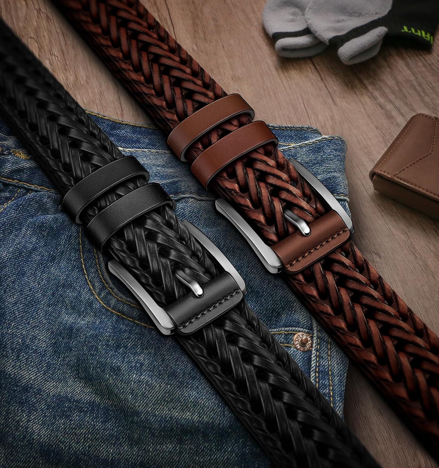 HOTBULLIANT 2-Pack Braided Woven Leather Belts for Men 1 3/8"-Gift Boxed | Holeless Understated Elegance| Breathable & Lightweight | Versatile For Golf, Casual, Jeans
