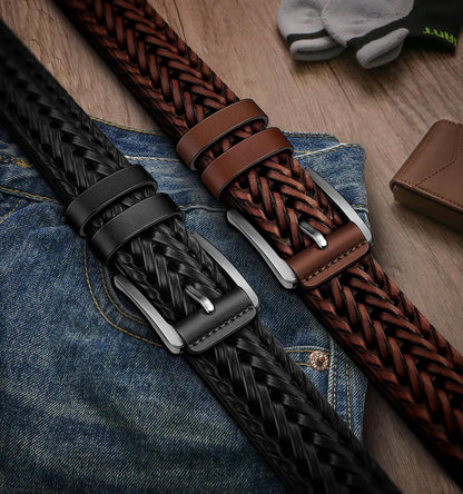 HOTBULLIANT 2-Pack Braided Woven Leather Belts for Men 1 3/8"-Gift Boxed | Holeless Understated Elegance| Breathable & Lightweight | Versatile For Golf, Casual, Jeans