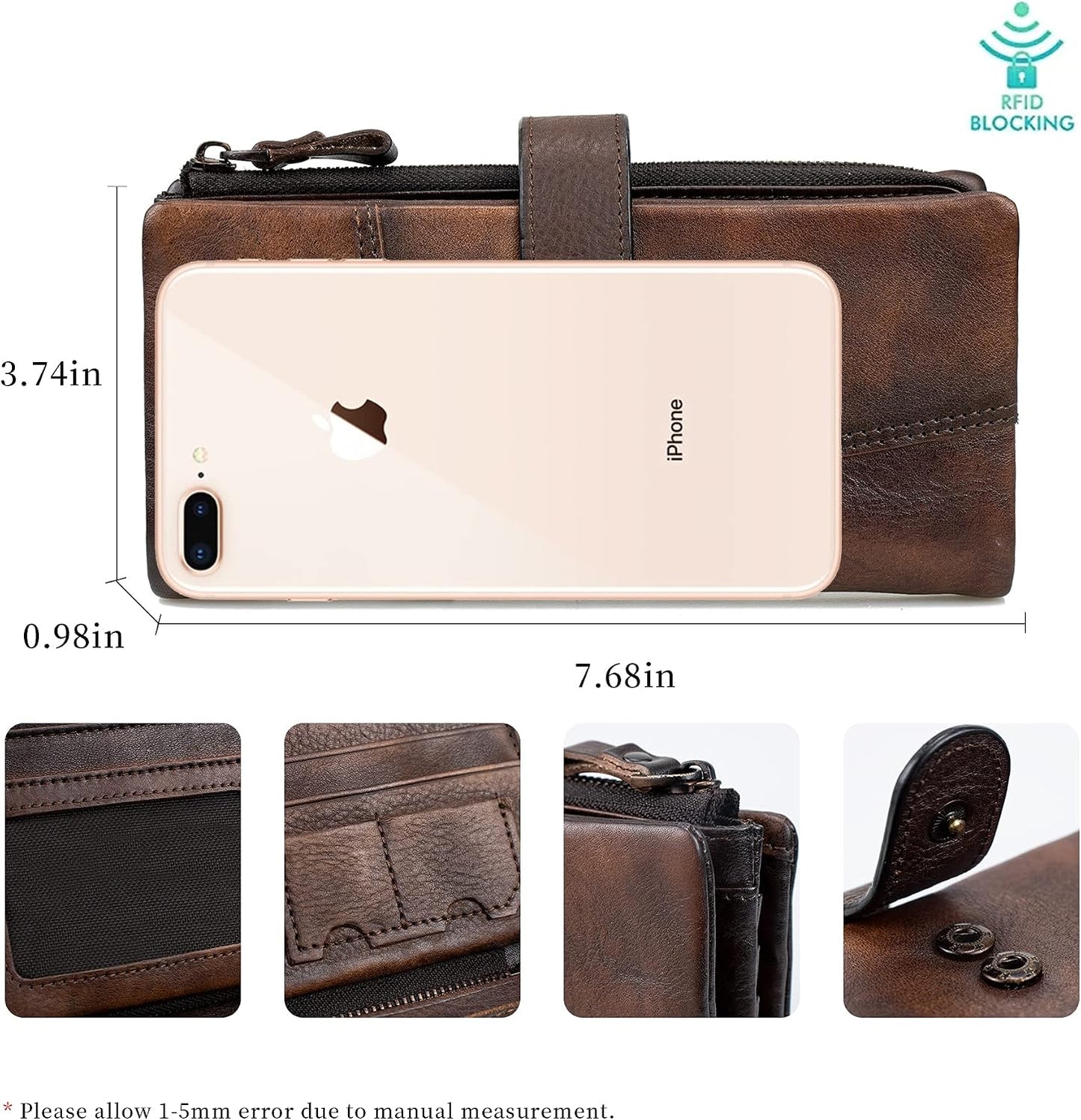 HOTWomen RFID Blocking Wallet Leather Vintage Large Capacity Credit Card Clutch Coffee