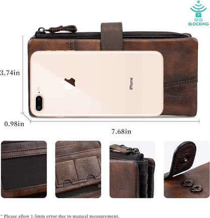 HOTWomen RFID Blocking Wallet Leather Vintage Large Capacity Credit Card Clutch Coffee