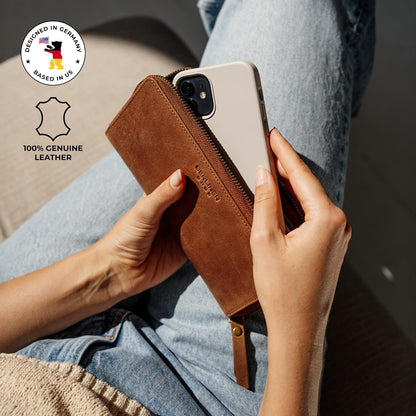 HOTBERLINER BAGS Genuine Leather Zip Wallet Women Margo, Gift Box – Brown | Soft Leather Zip Around Wallet, Fit up to Phone 6.9", 12 Card Slots, 1 ID Window, 1 Coin Pocket, RFID Blocking